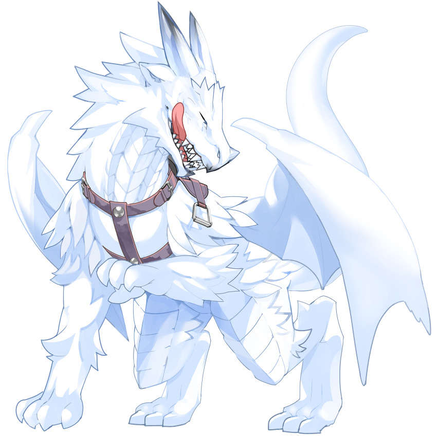 animal_focus burko_(fate) claws closed_eyes dragon dragon_horns dragon_wings fate/grand_order fate_(series) full_body game_cg highres horns no_humans official_art open_mouth robina saddle sharp_teeth smile stirrups_(riding) teeth third-party_source tongue tongue_out transparent_background western_dragon white_dragon wings