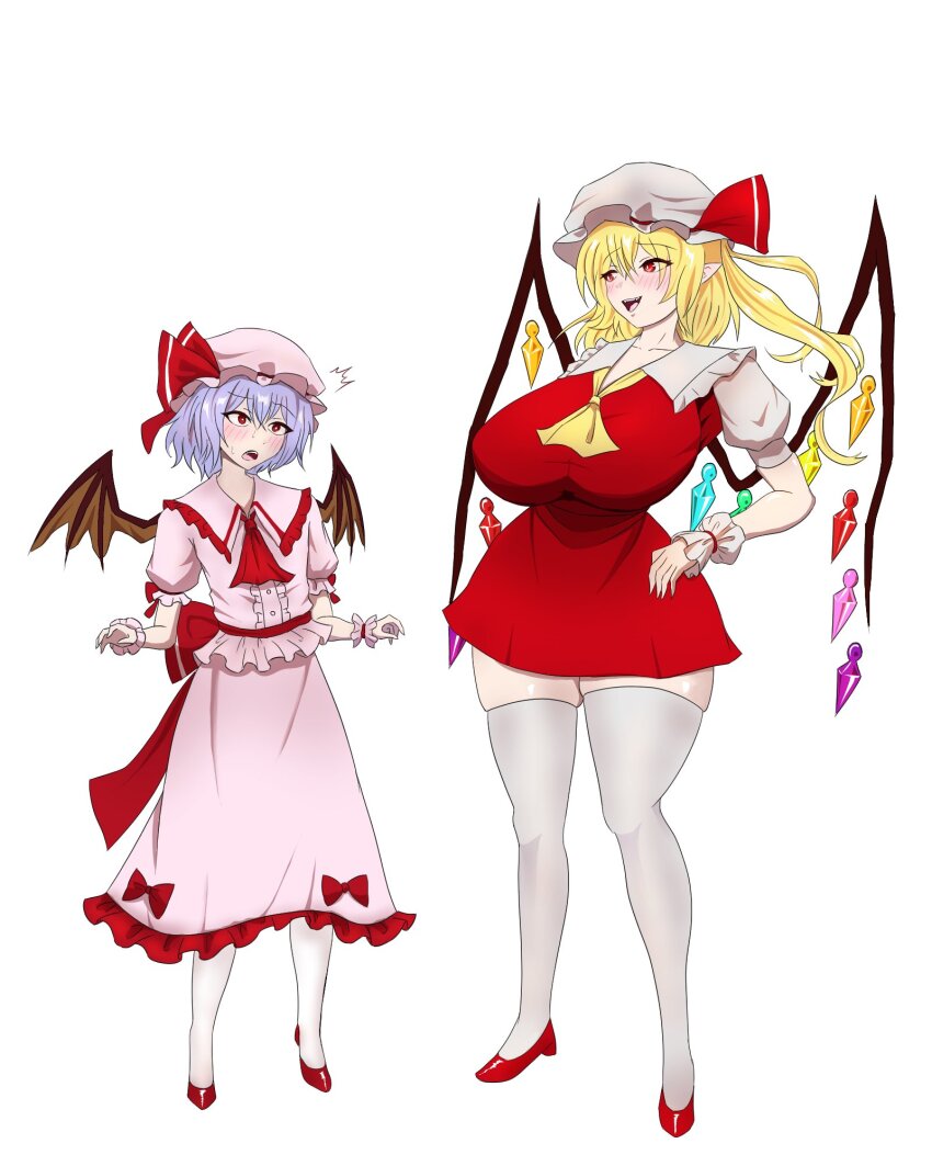 2girls aged_up ascot bat_wings blue_hair breasts dress elbow_gloves flandre_scarlet flat_chest frills gloves hair_between_eyes hat highres large_breasts looking_at_viewer merihari07 multiple_girls pink_dress puffy_short_sleeves puffy_sleeves red_eyes remilia_scarlet shirt short_hair short_sleeves simple_background skirt smile thick_thighs thighhighs thighs touhou white_background wings wrist_cuffs zettai_ryouiki
