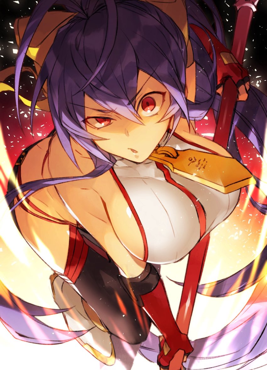 1girl antenna_hair backless_outfit black_pants blazblue blazblue:_central_fiction blazblue_variable_heart blue_hair bow breasts female_focus halterneck highres holding holding_behind_back large_breasts long_hair looking_at_viewer lowleg lowleg_pants mai_natsume outseal ozi_circle pants polearm ponytail revealing_clothes shiny_skin sideboob solo spear very_long_hair weapon yellow_bow