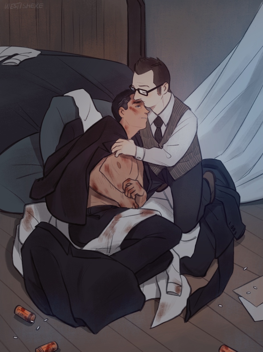 2boys absurdres black_hair blood blood_on_body blood_on_clothes brown_hair bruise bruise_on_chest bruised_chest closed_eyes clothes_on_floor full_body hair_slicked_back harold_finch_(person_of_interest) highres indoors injury jacket jacket_over_shoulder john_reese_(person_of_interest) kiss kissing_forehead kneeling leaning_on_person male_focus mature_male multicolored_hair multiple_boys person_of_interest rectangular_eyewear siusai streaked_hair topless_male unworn_clothes unworn_jacket yaoi