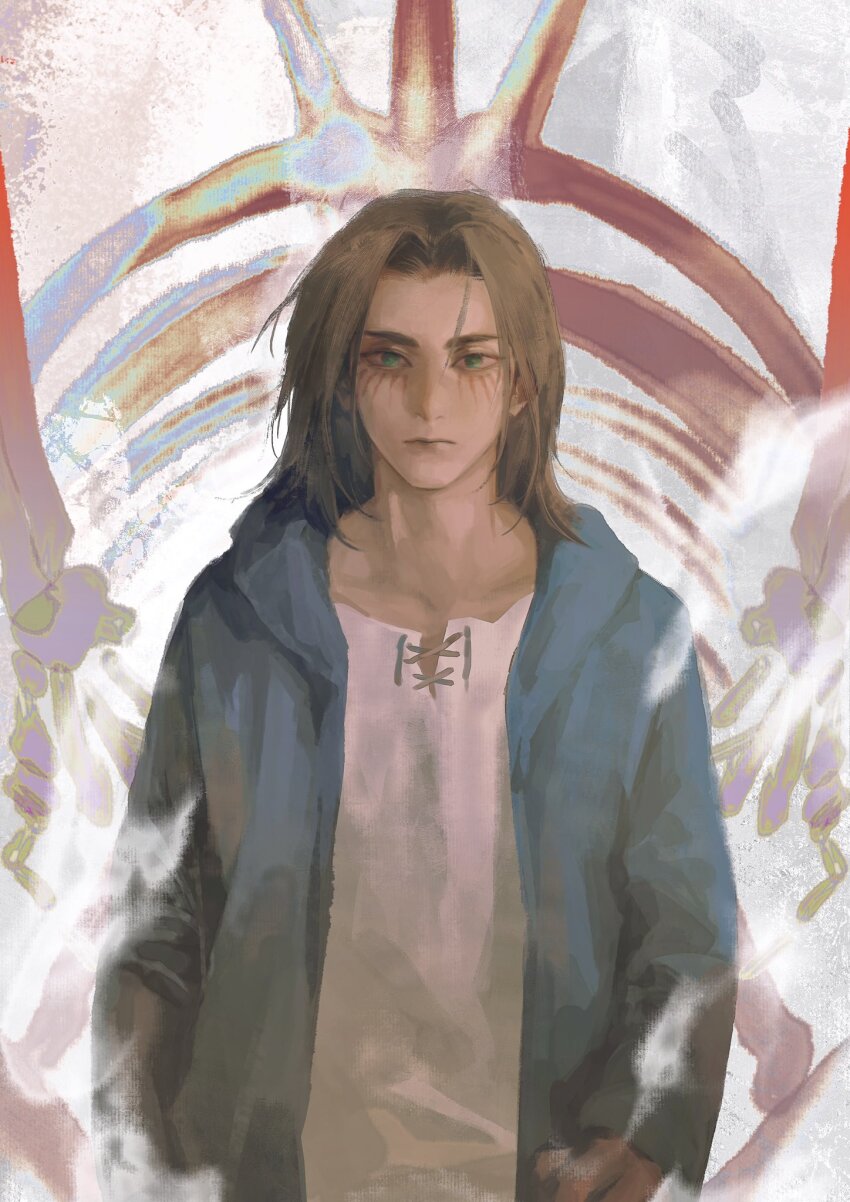 1boy arms_at_sides brown_hair chino1048 eren_yeager expressionless facial_mark founding_titan green_eyes highres long_hair looking_at_viewer male_focus ribs scar shingeki_no_kyojin solo steam straight-on titan_(shingeki_no_kyojin) titan_shifter_scars upper_body