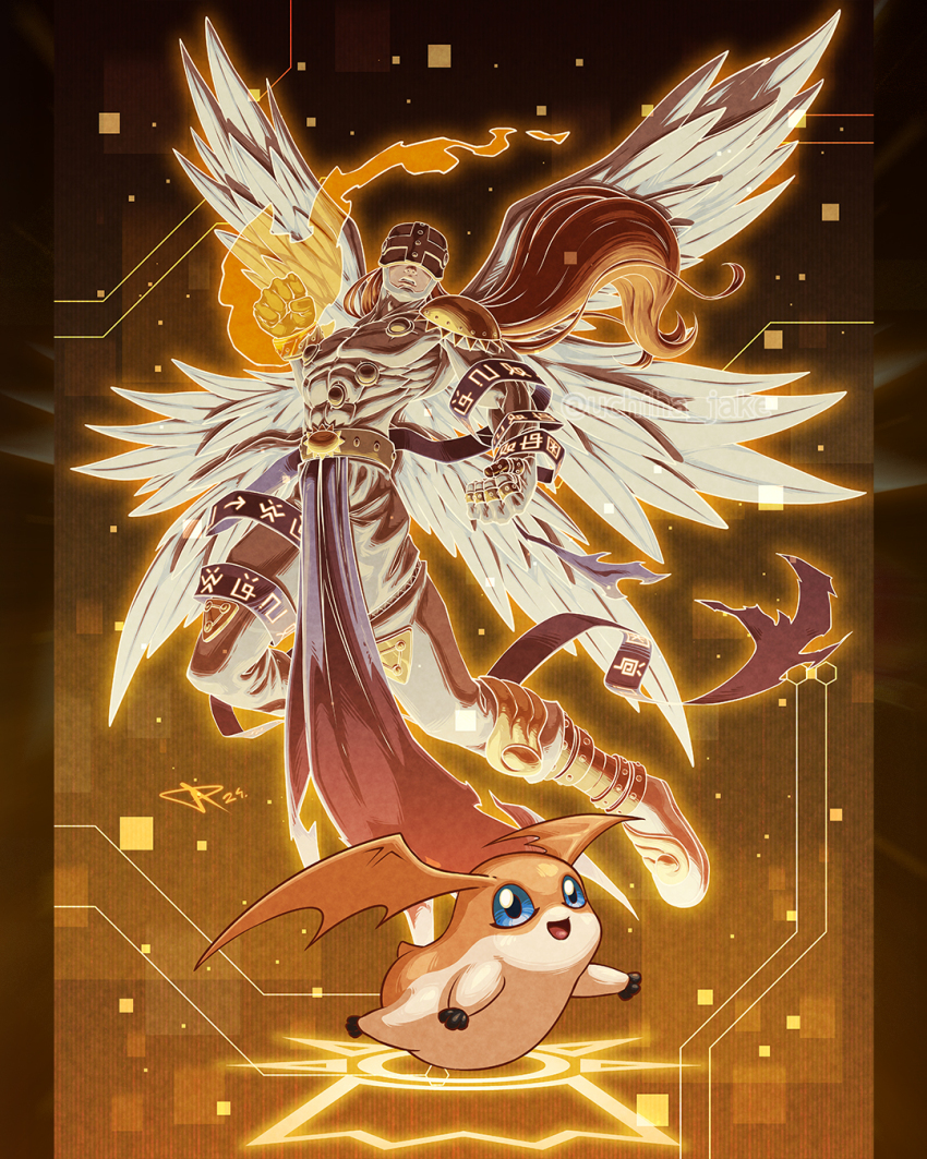 1boy abs angel angemon aura blonde_hair blue_eyes blue_ribbon body_fur bodysuit clenched_hand covered_eyes digimoji digimon digimon_(creature) digimon_adventure evolutionary_line feathered_wings feathers full_body head_wings helmet helmet_over_eyes highres long_hair male_focus muscular muscular_male orange_fur patamon ribbon single_shoulder_pad uchiha_jake white_bodysuit white_feathers white_wings wings