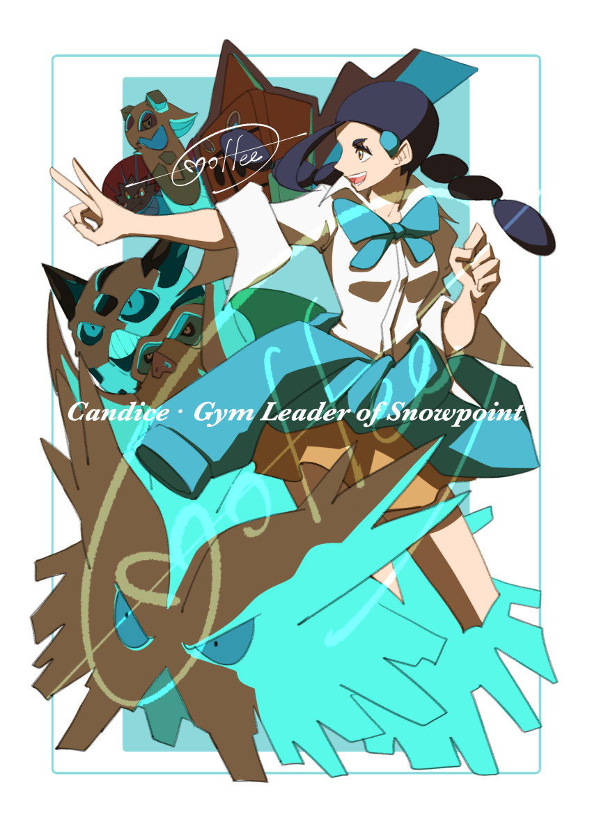 1girl :d abomasnow absurdres aqua_bow aqua_bowtie aqua_sweater black_hair border bow bowtie brown_skirt candice_(pokemon) cccacademia character_name clothes_around_waist froslass gen_3_pokemon gen_4_pokemon glalie hair_ornament hairclip happy highres long_hair loose_hair_strand mamoswine mixed-language_commentary multi-tied_hair nintendo open_mouth pokemon pokemon_(creature) pokemon_dppt rotom rotom_(frost) shirt signature skirt sleeves_rolled_up smile sweater sweater_around_waist teeth tongue v weavile white_border white_shirt