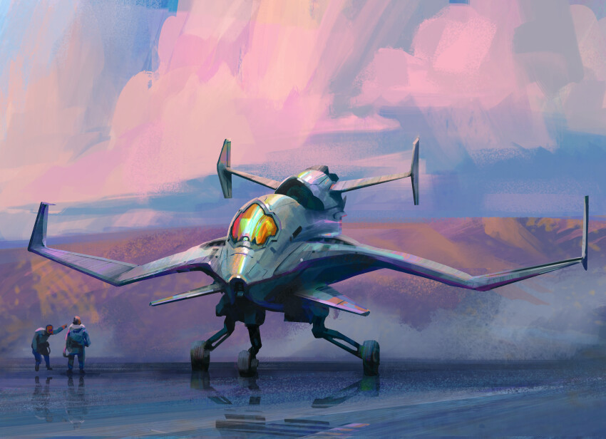2boys absurdres aircraft airplane alien aoki_uru canards cloud commentary dusk english_commentary fighter_jet highres honneamise_no_tsubasa landing landing_gear military_vehicle multiple_boys official_style original purple_sky realistic redesign robots_r4 science_fiction sky spacecraft starfighter