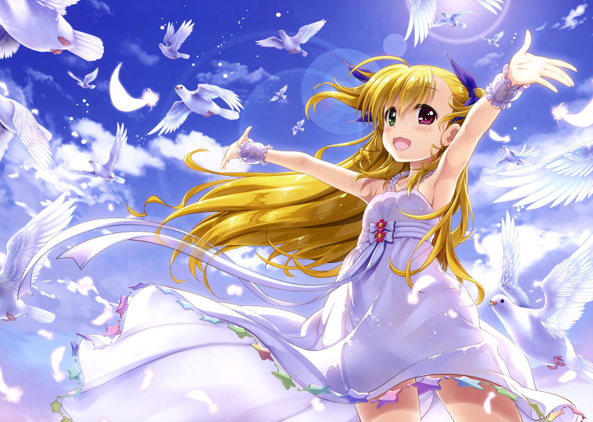 1girl absurdres armpits asymmetrical_bangs bird black_eyes blue_ribbon blue_sky cloud cloudy_sky collarbone day dove dress feathers flat_chest flying frilled_dress frills fujima_takuya green_eyes hair_between_eyes hair_ribbon heterochromia highres lens_flare long_hair lyrical_nanoha mahou_shoujo_lyrical_nanoha_vivid official_art open_hand outdoors outstretched_arms red_eyes ribbon scan scrunchie see-through_silhouette side_ponytail sky sleeveless sleeveless_dress spread_arms standing sundress vivio white_dress white_feathers white_frills white_scrunchie wrist_scrunchie