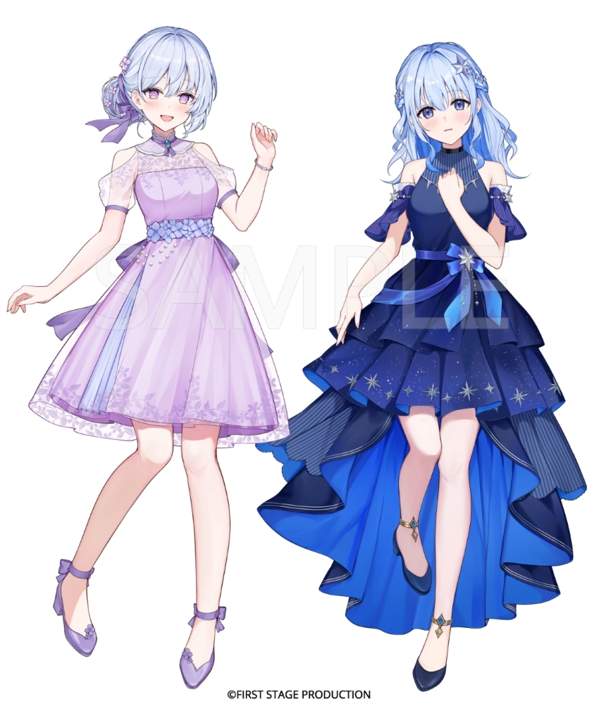 2girls :d bare_shoulders blue_dress blue_eyes blue_hair blue_shoes blush breasts clothing_cutout commentary_request copyright_notice dress first_stage_production full_body hair_bun hair_ribbon hand_on_own_chest hand_up high_heels highres kozumi_arisa long_hair looking_at_viewer miyanami_3 multiple_girls namiyoi_kanade official_art open_mouth parted_lips pink_eyes purple_dress purple_ribbon purple_shoes ribbon sample_watermark see-through_clothes see-through_sleeves shoes short_hair short_sleeves shoulder_cutout simple_background single_hair_bun smile standing standing_on_one_leg virtual_youtuber watermark white_background