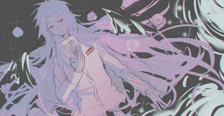 1boy chromatic_aberration closed_mouth commentary_request curtained_hair hai_(1210080) hand_on_own_chest hatsutori_hajime highres jacket long_hair long_sleeves male_focus parted_bangs pink_hair red_eyes saibou_shinkyoku sketch smile solo spoilers very_long_hair white_jacket