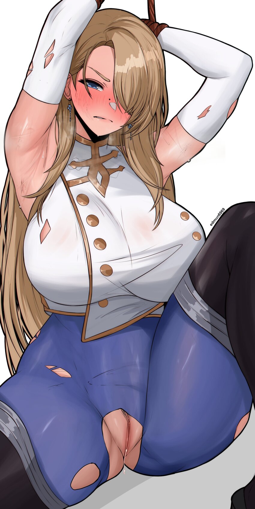1girl absurdres armpits biting_own_lip black_thighhighs blue_eyes blush bodystocking bound bound_wrists breasts brown_dust_(series) brown_dust_2 captured earrings edmun6969 embarrassed eyebrows_hidden_by_hair full-face_blush gloves hair_over_one_eye highres jewelry large_breasts lips long_hair looking_at_viewer open_mouth pussy pussy_juice pussy_juice_trail shadow shirt simple_background sitting solo sweat thighhighs torn_bodystocking torn_clothes torn_gloves torn_shirt very_long_hair white_background white_gloves wilhelmina_(brown_dust)