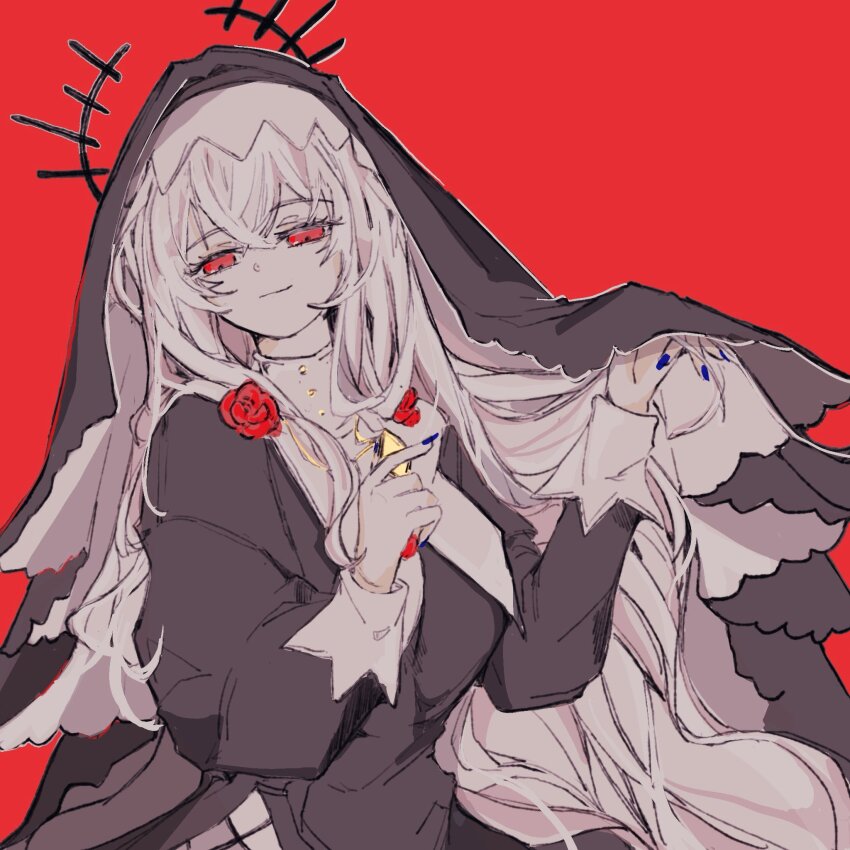 1girl arknights black_dress black_hat coif collared_shirt criss-cross_straps dress flower half-closed_eyes hat highres juliet_sleeves long_hair long_sleeves nail_polish nun puffy_sleeves red_eyes red_flower red_rose rose shirt shishamo_(ekmei4) side_slit simple_background smirk solo specter_(arknights) specter_the_unchained_(arknights) veil very_long_hair white_hair