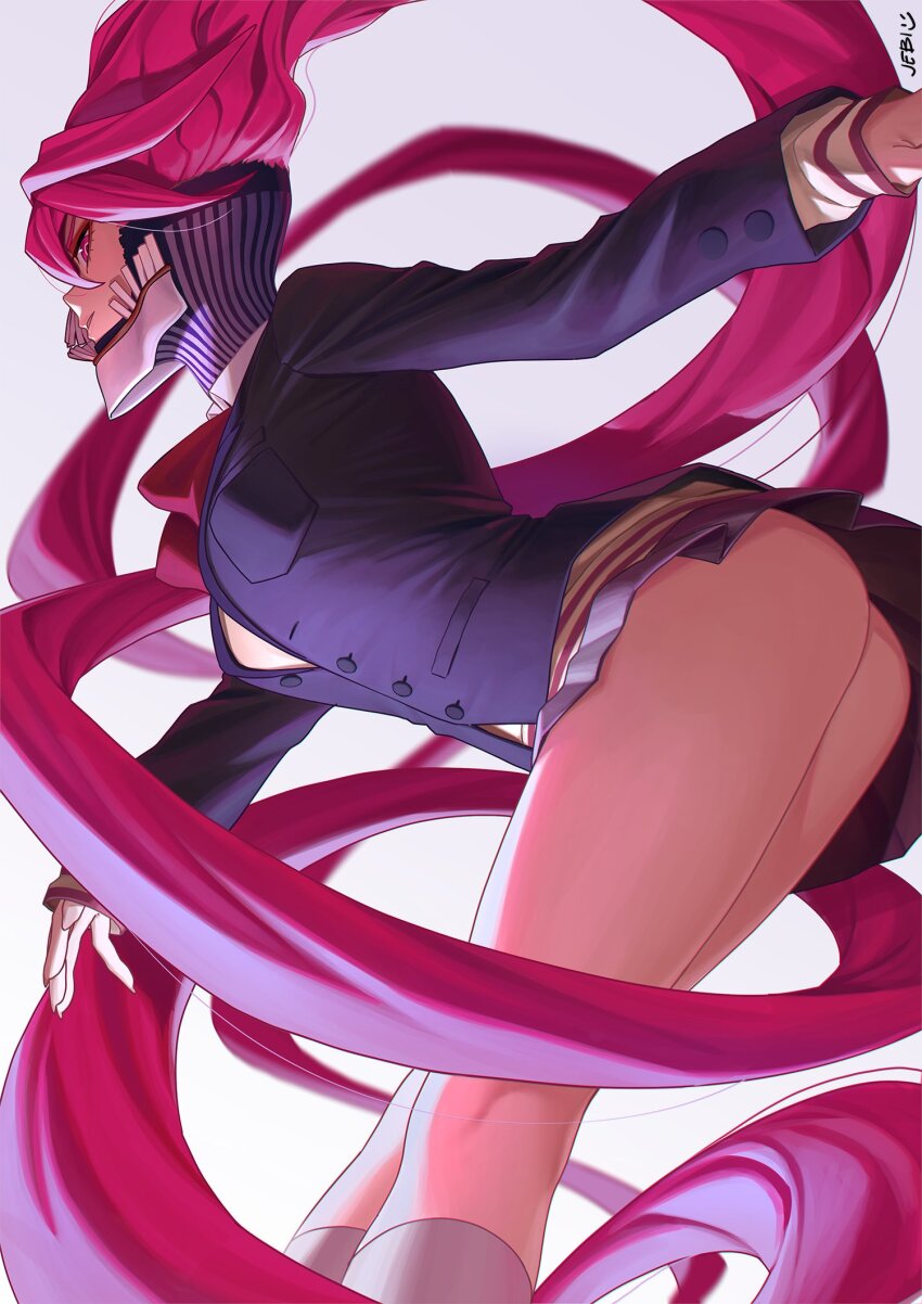1girl acrobatic_silky_(dandadan) alternate_form ass dandadan highres huge_ass jebi long_hair mask mouth_mask pink_eyes pink_hair school_uniform shiratori_aira_(dandadan) solo thick_thighs thighs transformation white_background