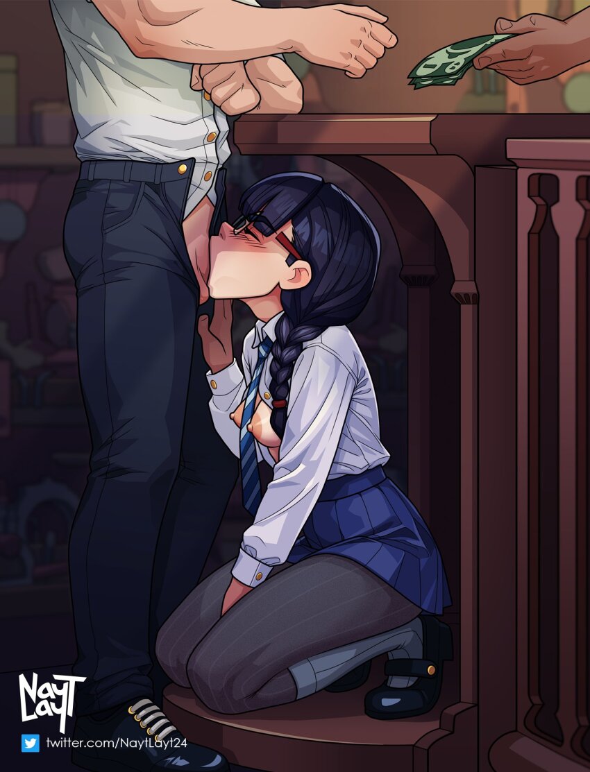 1boy 1girl between_breasts between_legs black_footwear black_pantyhose blue_necktie blue_skirt braid breasts breasts_out closed_eyes commentary deepthroat english_commentary fellatio full_body glasses hand_between_legs head_out_of_frame hetero highres kneeling layered_legwear long_hair money nayt_layt necktie necktie_between_breasts no_bra oral original pantyhose penis penis_out perky_breasts phryne_(nayt_layt) pleated_skirt public_indecency ribbed_legwear ribbed_socks school_uniform shirt shop single_braid skirt small_breasts socks socks_over_pantyhose solo_focus stealth_fellatio stealth_sex testicles throat_bulge uncensored under_table white_shirt