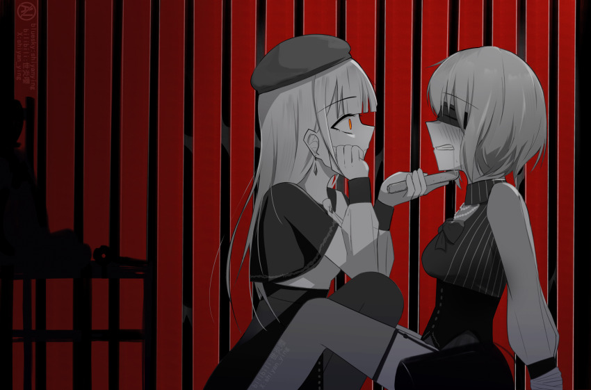 2girls absurdres amoris_(bang_dream!) bang_dream! bang_dream!_it&#039;s_mygo!!!!! bdsm between_legs blindfold blush bondage bound bound_wrists capelet chair chinese_commentary clenched_teeth closed_mouth commentary_request cucumber drooling earrings greyscale_with_colored_background hat highres holding jewelry long_hair long_sleeves looking_at_another mortis_(bang_dream!) mortis_(costume)_(bang_dream!) multiple_girls pantyhose pantyhose_under_shorts red_eyes shiyan_ying short_hair shorts skirt squatting sweatdrop teeth wakaba_mutsumi yuri yuutenji_nyamu