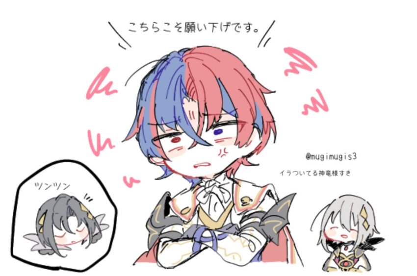 1boy 1girl 2boys alear_(fire_emblem) alear_(male)_(fire_emblem) asymmetrical_bangs black_hair blue_hair breasts cleavage cleavage_cutout clothing_cutout collared_shirt color_contrast crossed_bangs dragonstone fire_emblem fire_emblem_engage fur_trim gloves hair_between_eyes jewelry large_breasts long_sleeves looking_at_viewer mugimugis multicolored_hair multiple_boys necklace nel_(fire_emblem) nil_(fire_emblem) nintendo parted_bangs red_eyes red_hair shirt short_hair sidelocks simple_background smile two-tone_hair white_hair