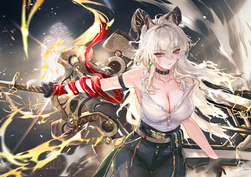 1girl absurdres bare_shoulders black_choker black_gloves black_horns black_pants breasts choker closed_mouth collarbone commentary cowboy_shot curled_horns earrings gloves hair_between_eyes high-waist_pants highres holding holding_behind_back holding_sword holding_weapon horns indoors jewelry key_earrings large_breasts looking_at_viewer necktie necktie_around_wrists pants red_eyes red_necktie shirt shirt_tucked_in solo sword symbol-only_commentary thigh_gap torn_clothes torn_shirt vardan weapon white_shirt wuthering_waves zani_(wuthering_waves)
