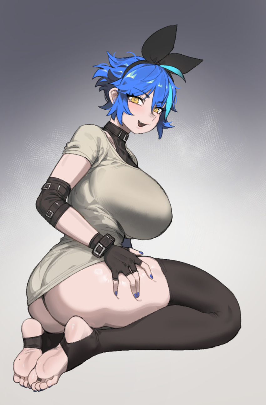 1girl ass barefoot blue_hair breasts dif_(difman) difman feet fingerless_gloves gloves hairband highres large_breasts light_blush looking_at_viewer open_mouth original seiza short_hair sitting soles stirrup_legwear toeless_legwear toes yellow_eyes