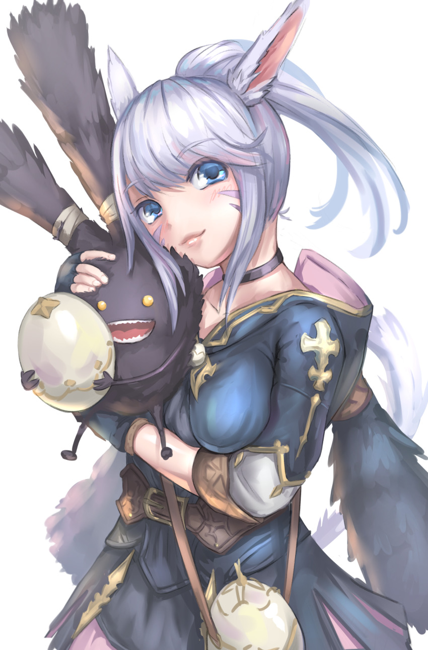 1girl animal_ears bag blue_eyes blush cat_ears cat_tail choker egg facial_mark final_fantasy final_fantasy_xiv fingerless_gloves gloves highres hood hood_down hooded_jacket hug jacket looking_at_viewer mikazukiblue miqo&#039;te ponytail short_hair short_ponytail silver_hair smile spriggan_(final_fantasy) swept_bangs tail whisker_markings white_background