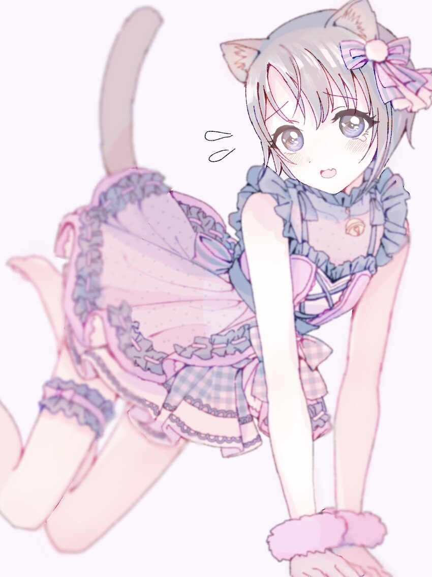 1girl absurdres animal_ears barefoot bell blush bracelet cat_ears cat_tail dress fang flying_sweatdrops frilled_dress frills fur_bracelet highres idolmaster idolmaster_cinderella_girls kanipoposu kemonomimi_mode looking_at_viewer neck_bell otokura_yuuki polka_dot polka_dot_dress short_hair simple_background skin_fang solo tail tears thigh_strap white_background