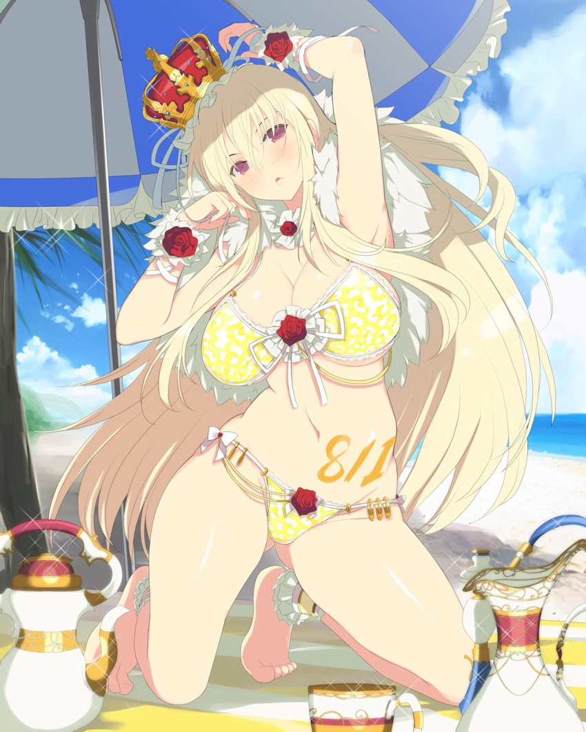 10s 1girl :o adjusting_hair ankle_garter arm_up armpits barefoot beach beach_towel beach_umbrella bikini blonde_hair blue_gemstone blush body_writing bow breasts capelet cleavage cloud crown cup day feet female_focus fingernails flower frills front-tie_top full_body fur_trim gem groin hair_between_eyes hand_up head_tilt highres hip_focus kneeling lace lace-trimmed_bikini lace_trim large_breasts legs_apart leo_(senran_kagura) long_fingernails long_hair mat navel ocean official_art open_mouth outdoors palm_tree parted_lips purple_eyes red_flower red_rose ribbon rose senran_kagura senran_kagura_new_wave shade sideboob sidelocks sky solo sparkle striped swimsuit teacup teapot tiptoes toes towel tree umbrella underboob very_long_hair waifu2x water wrist_cuffs yaegashi_nan yellow_bikini