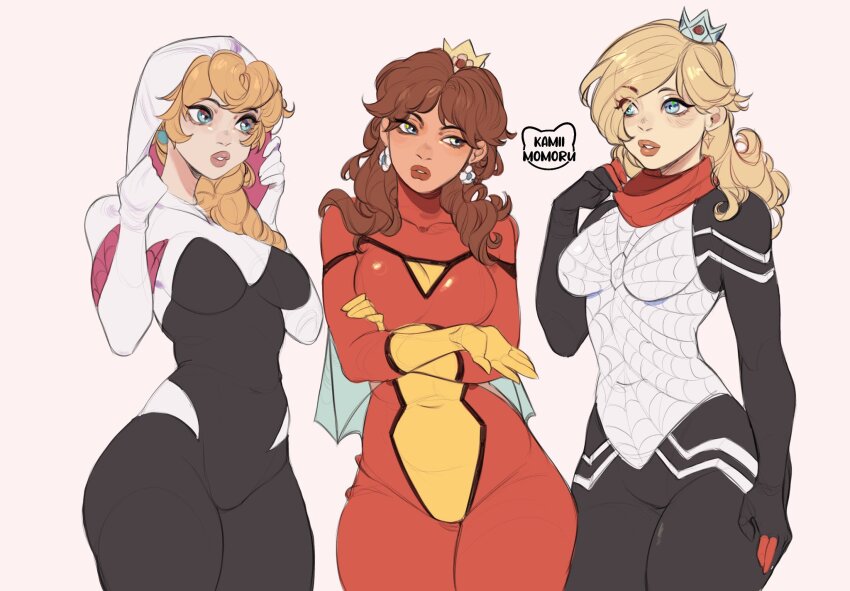 3girls blonde_hair blue_eyes bodysuit breasts brown_hair cosplay crossed_arms crown earrings flower_earrings highres hood hood_up hooded_bodysuit jewelry kamii_momoru looking_at_another mario_(series) marvel medium_breasts mini_crown multiple_girls nintendo parted_lips princess_daisy princess_daisy_(cosplay) princess_peach rosalina silk_(marvel) silk_(marvel)_(cosplay) spider-gwen spider-gwen_(cosplay) spider-man_(series) spider-woman spider-woman_(cosplay) spider_web_print standing thighs