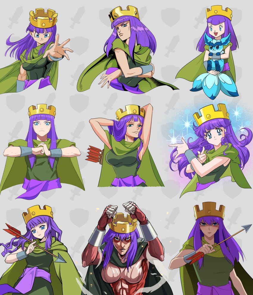 1girl :d \m/ absurdres araki_hirohiko_(style) archer_queen_(clash_of_clans) arms_behind_head arms_up arrow_(projectile) bishoujo_senshi_sailor_moon blue_eyes breasts cape clash_of_clans clenched_hand clenched_hands closed_mouth commentary crown english_commentary fakemon fist_in_hand green_cape green_shirt grey_background highres holding holding_arrow isayama_hajime_(style) jojo_no_kimyou_na_bouken kimetsu_no_yaiba kishimoto_masashi_(style) long_hair looking_at_viewer multiple_style_parody multiple_views naruto_(series) nintendo oda_eiichirou_(style) official_art one_piece open_mouth own_hands_together parody pokemon purple_hair shingeki_no_kyojin shirt sleeveless sleeveless_shirt smile sparkle spy_x_family style_parody titan_(shingeki_no_kyojin) toriyama_akira_(style) tsuki_ni_kawatte_oshioki_yo yor_briar