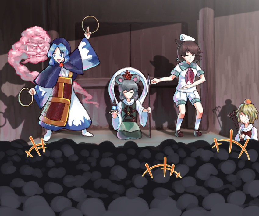 4girls blue_eyes blue_hair brooch chinese_zodiac cosplay crowd dowsing_rod dual_wielding hat holding holding_jewelry holding_ring hood jewelry kesa kneeling kumoi_ichirin multiple_girls murasa_minamitsu nazrin nun pagoda ring sailor_collar sailor_hat shadow short_hair short_sleeves shorts stage sunnysideup sweatdrop toramaru_shou toramaru_shou_(cosplay) touhou unzan wide_sleeves year_of_the_rat