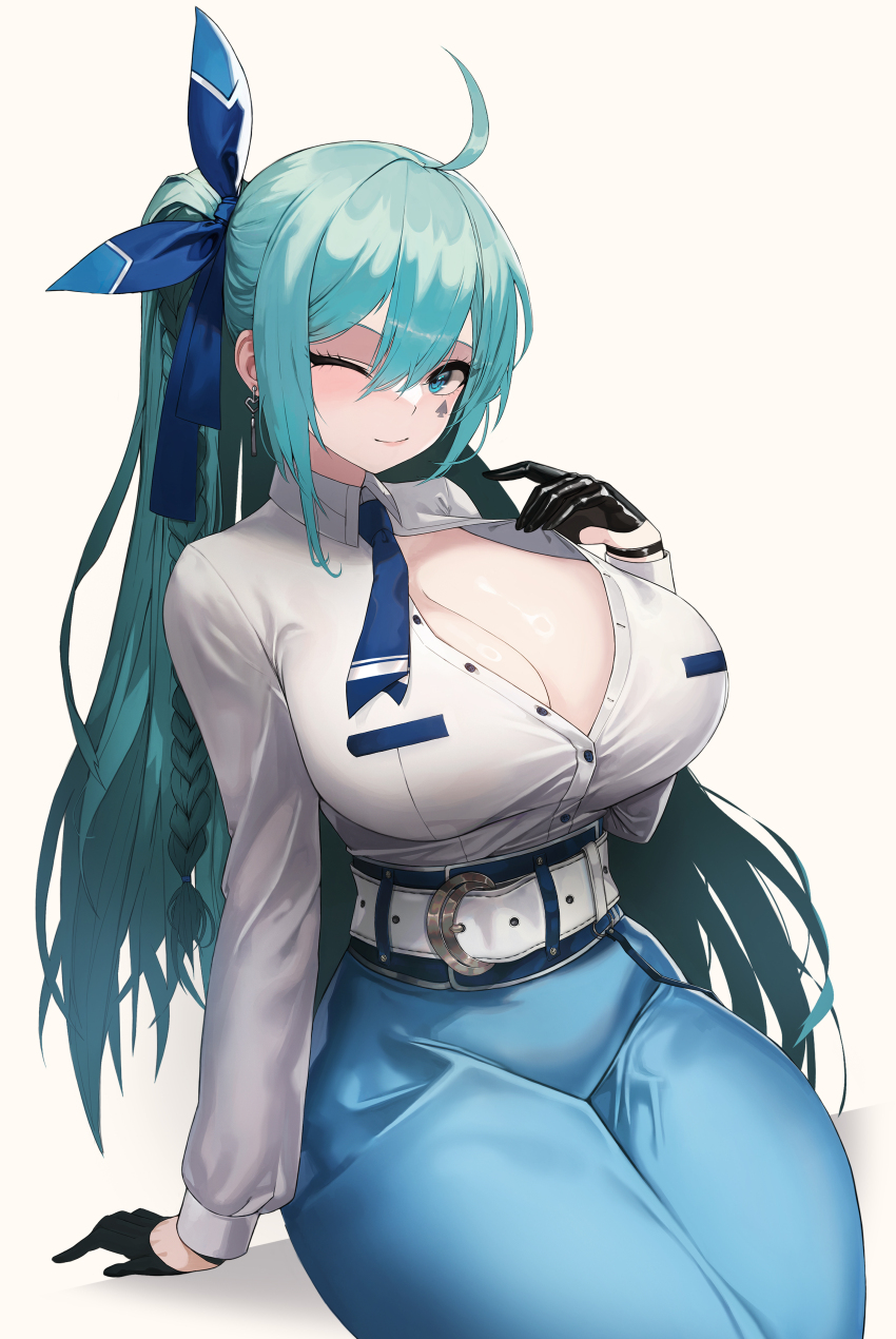 1girl ;) absurdres ahoge aqua_eyes aqua_hair arm_support belt black_gloves black_survival blue_necktie blue_pants braid breasts commission curvy earrings emma_hardy etc_geulim eternal_return:_black_survival facial_mark french_braid gloves hair_between_eyes heart heart_earrings highres jewelry large_breasts long_hair long_sleeves looking_at_viewer necktie no_bra one_eye_closed open_clothes open_shirt pants simple_background sitting smile solo unbuttoned white_background white_belt