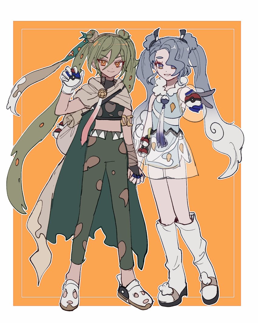 2girls blue_hair flying_miku_(project_voltage) green_eyes ground_miku_(project_voltage) hatsune_miku highres multiple_girls nintendo outside_border pokemon project_voltage twintails vocaloid