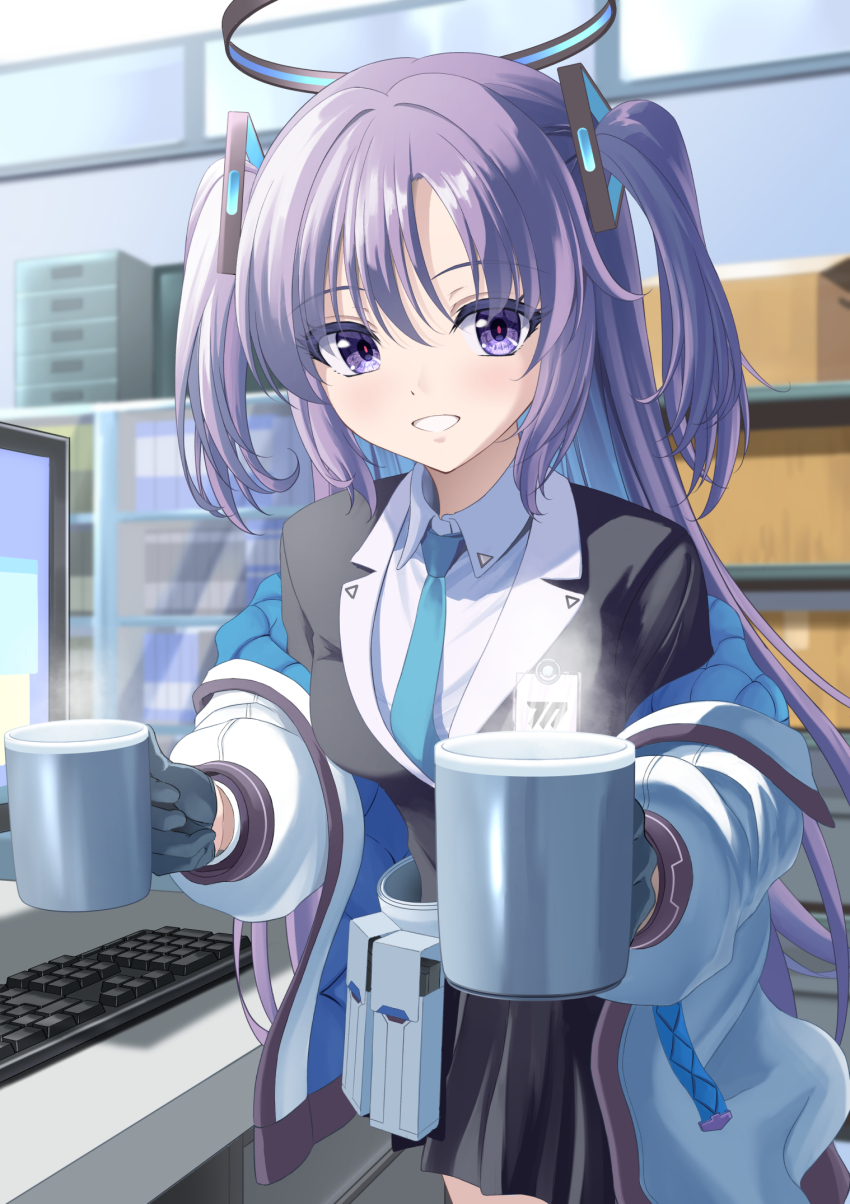 1girl black_gloves black_skirt blue_archive blue_necktie collared_shirt cowboy_shot cup formal_clothes gloves grin halo highres holding holding_cup id_card indoors jacket kagura_hiromu computer_keyboard long_hair long_sleeves looking_at_viewer mechanical_halo monitor necktie open_clothes open_jacket pleated_skirt purple_eyes purple_hair shirt skirt smile solo suit two-sided_fabric two-sided_jacket two_side_up white_jacket white_shirt yuuka_(blue_archive)