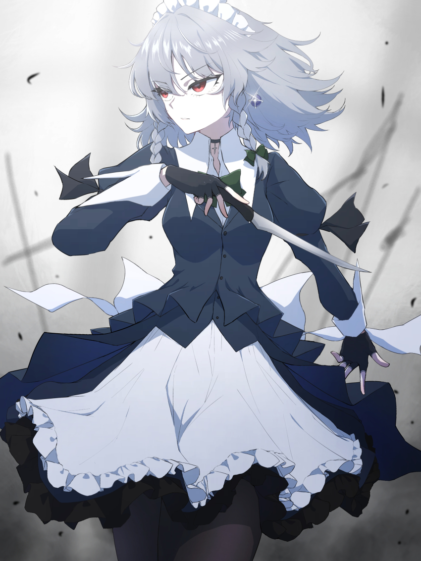 1girl absurdres adapted_costume apron black_gloves bow braid breasts brown_pantyhose closed_mouth commentary_request fingerless_gloves gloves green_bow grey_hair hair_bow highres izayoi_sakuya juliet_sleeves knife long_hair long_sleeves maid maid_headdress pantyhose puffy_sleeves red_eyes smile solo tenx2_1341 touhou twin_braids waist_apron white_apron