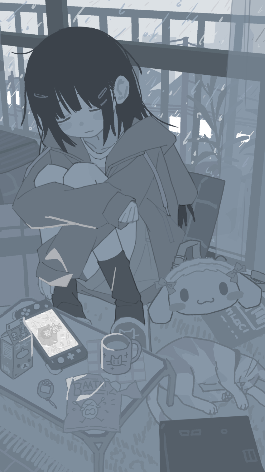 1girl absurdres animal_crossing cat character_bag cinnamoroll closed_eyes closed_mouth commentary_request cup cushion full_body greyscale hair_ornament hairclip highres hood hood_down hoodie hugging_own_legs indoors long_hair long_sleeves lurenjia milk_carton monochrome mug nintendo nintendo_switch original railing rain sanrio shorts sitting sleeping sleeping_animal sleeping_upright slippers snack socks solo table tatami window zabuton