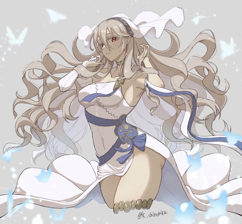 1girl armpits breasts commentary_request corrin_(female)_(adrift)_(fire_emblem) corrin_(female)_(fire_emblem) covered_navel dress elbow_gloves fire_emblem fire_emblem_fates fire_emblem_heroes floating_hair gloves grey_hair hair_between_eyes hand_in_own_hair highres karashino long_hair medium_breasts nintendo official_alternate_costume pointy_ears red_eyes single_elbow_glove sleeveless sleeveless_dress slit_pupils solo thighs twitter_username veil very_long_hair white_dress white_gloves