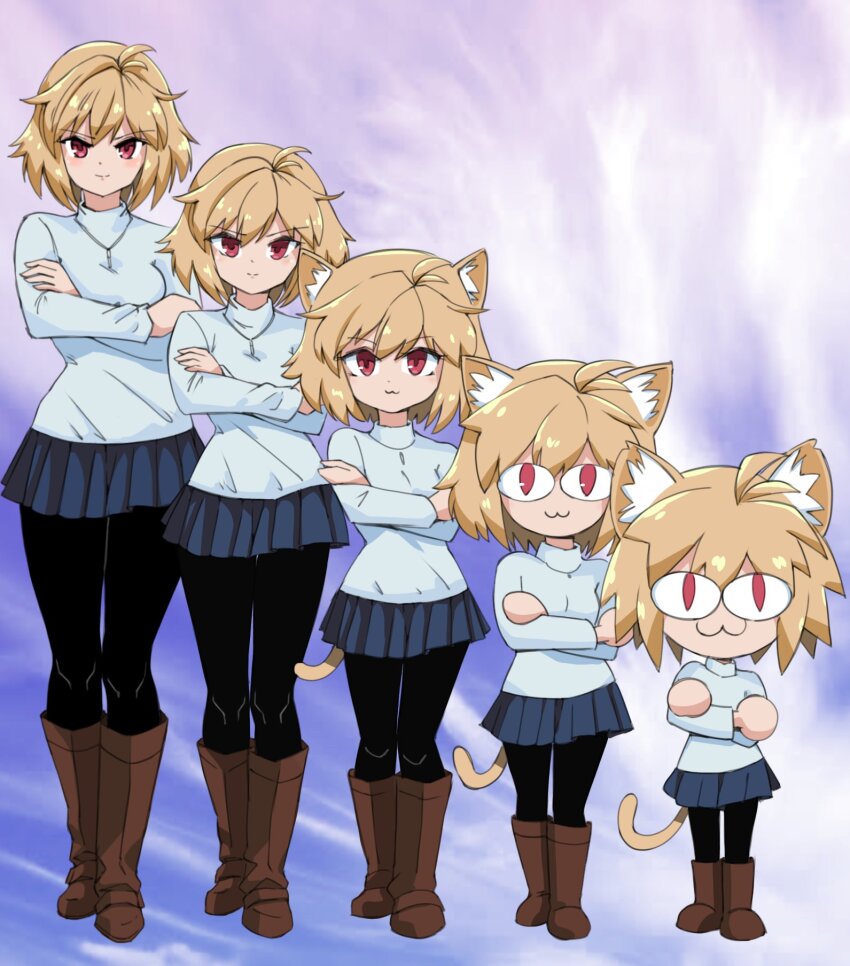 &lt;|&gt;_&lt;|&gt; :3 animal_ear_fluff animal_ears animorphs arcueid_brunestud australopitecoi australopitecoi blonde_hair boots brown_eyes brown_footwear cat_ears cat_girl cat_tail crossed_arms highres jewelry melty_blood necklace neco-arc pantyhose parody pleated_skirt short_hair skirt smile tail transformation tsukihime tsukihime_(remake) turtleneck