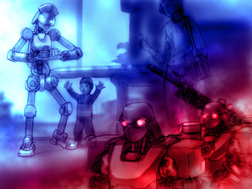 1girl blue_eyes child combot_(tekken) game_cg glowing glowing_eyes helmet holding holding_plate humanoid_robot joints marching mechanical_arms military official_art plate red_eyes robot robot_joints tekken tekken_4