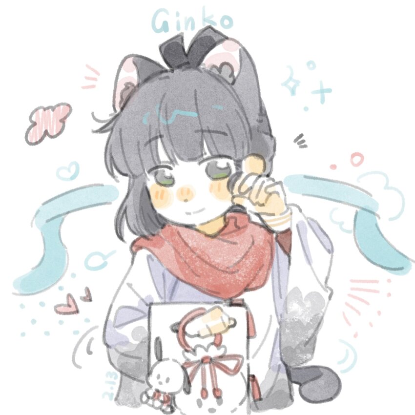 animal_ear_fluff animal_ears asymmetrical_hair bag black_ribbon blue_ribbon blunt_bangs blush cat_ears character_charm character_name charm_(object) closed_mouth commentary greyscale hair_ribbon hasu_no_sora_school_uniform highres jacket kemonomimi_mode link!_like!_love_live! long_sleeves looking_at_viewer love_live! momose_ginko monochrome nose_blush notice_lines official_alternate_costume pochacco red_scarf ribbon sanrio scarf school_uniform short_hair sketch smile sparkle split_mouth symbol-only_commentary tote_bag unfinished virtual_youtuber white_jacket winter_uniform woodonly