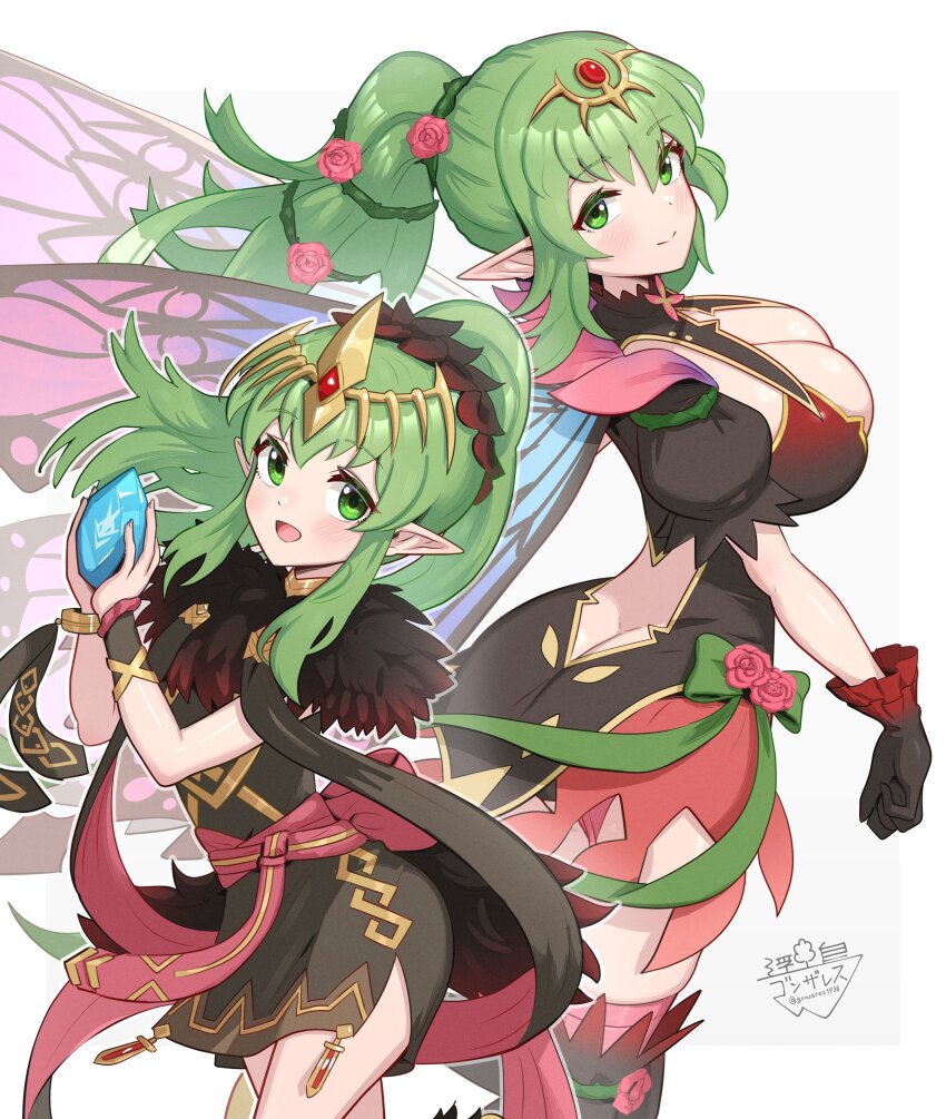 2girls absurdres black_gloves black_scarf blush boots breasts brown_dress cleavage dragonstone dress fairy_wings fire_emblem fire_emblem:_mystery_of_the_emblem fire_emblem:_shadow_dragon fire_emblem_awakening fire_emblem_heroes flower full_body fur_trim gloves gold_trim gonzarez green_eyes green_hair hair_ornament headpiece highres large_breasts long_hair looking_at_viewer multiple_girls nintendo official_alternate_costume pointy_ears ponytail rose scarf short_dress smile thigh_boots tiara tiki_(adult)_(fire_emblem) tiki_(adult)_(resplendent)_(fire_emblem) tiki_(fire_emblem) tiki_(young)_(fire_emblem) tiki_(young)_(resplendent)_(fire_emblem) wings