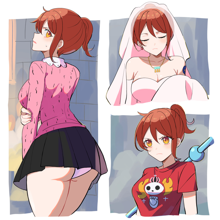 1girl absurdres ass bare_shoulders black_skirt blush breasts bridal_veil cleavage clima-tact closed_mouth collarbone commentary cowboy_shot dress earrings elbow_gloves from_behind gloves high_ponytail highres jewelry kasuga_kaya large_breasts long_sleeves looking_at_viewer looking_back miniskirt multiple_views nami_(one_piece) nami_(one_piece)_(thriller_bark) necklace official_alternate_costume official_alternate_hairstyle one_piece orange_eyes orange_hair panties pink_dress pink_shirt pleated_skirt ponytail print_shirt red_shirt shirt short_hair single_sidelock skirt strapless strapless_dress sweatdrop thighs underwear upper_body veil wedding_dress white_panties