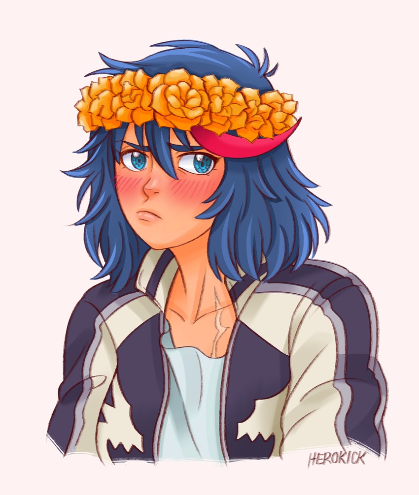 10s 1girl blue_eyes blush female_focus flower head_wreath herokick highres kill_la_kill matoi_ryuuko messy_hair multicolored_hair plant pout simple_background solo streaked_hair upper_body wild_hair