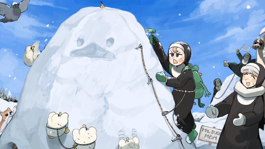 4girls :d banana bird blonde_hair blue_eyes boots brown_eyes cat chicken climbing closed_eyes clumsy_nun_(diva) commentary diva_(hyxpk) duck english_commentary food freckles froggy_nun_(diva) fruit green_bag green_boots green_mittens grey_hair grey_mittens highres little_nuns_(diva) mittens multiple_girls nun open_mouth ostrich pigeon rope rubber_boots sheep_nun_(diva) smile snow spicy_nun_(diva) traditional_nun triangle_mouth yellow_boots yellow_mittens
