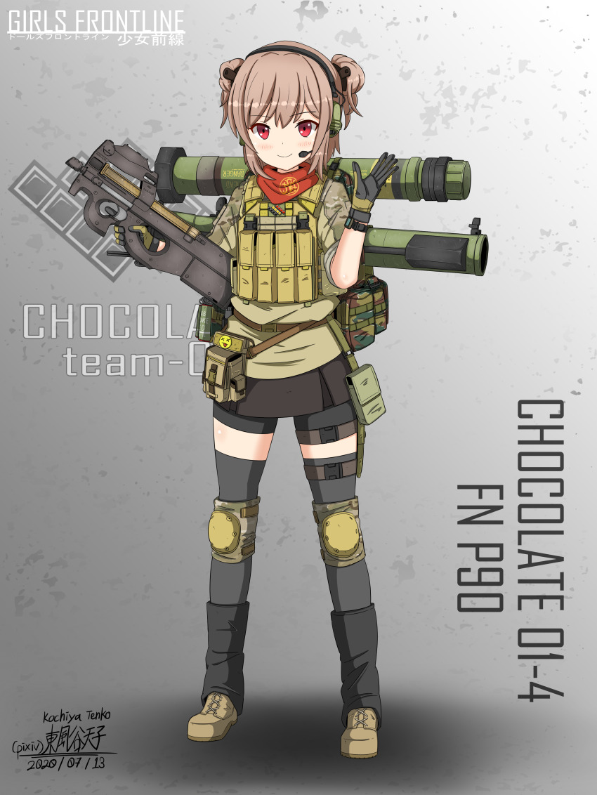 1girl absurdres ammunition_pouch artist_name belgian_flag black_gloves black_leg_warmers black_skirt blush boots brown_boots brown_gloves brown_shirt brown_vest buckle bullpup camouflage camouflage_shirt character_name closed_mouth combat_boots commentary_request copyright_name dated desert_camouflage double_bun emoji english_text explosive fn_herstal full_body girls&#039;_frontline gloves gradient_background grenade grey_background grey_thighhighs gun hair_bun hair_ornament hand_grenade hand_up headset highres holding holding_gun holding_weapon japanese_text knee_pads kochiya_tenko lace-up_boots leg_warmers light_brown_hair load_bearing_equipment load_bearing_vest logo looking_at_viewer military miniskirt neck_warmer no_eyewear p90 p90_(girls&#039;_frontline) personal_defense_weapon pixiv_username pouch product_placement red_eyes rocket_launcher romaji_text shirt skirt sleeves_rolled_up smaw smile smoke_grenade snap-fit_buckle solo standing submachine_gun tactical_clothes thigh_pouch thighhighs tsurime two-tone_gloves vest watch weapon weapon_name weapon_on_back white_background woodland_camouflage wristwatch