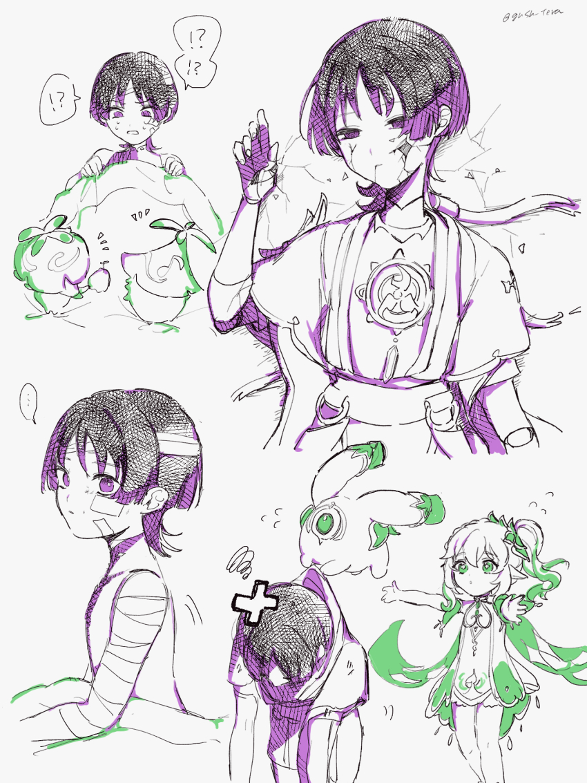 !? ... 1boy 1girl aranara_(genshin_impact) arm_at_side armor bandaged_arm bandaged_head bandages blanket blood blood_from_mouth blunt_ends bodysuit bright_pupils cable cape cracked_skin cross-shaped_pupils detached_sleeves doll_joints dress empty_eyes eyelashes fringe_trim furisode gauze gauze_on_cheek genshin_impact gnsn_tera green_cape green_eyes green_hair green_sleeves hair_between_eyes half-closed_eyes hand_up highres holding holding_blanket injury japanese_armor japanese_clothes jewelry joints kimono kote layered_sleeves long_hair looking_at_creature looking_down mandarin_collar mitsudomoe_(shape) nahida_(genshin_impact) neck_ring neo_akasha_terminal o-ring open_clothes open_hands open_kimono open_mouth outstretched_arms partially_colored pointy_ears purple_eyes sash scaramouche_(genshin_impact) short_sleeves side_ponytail sidelocks spoken_ellipsis spoken_interrobang spread_arms symbol-shaped_pupils tomoe_(symbol) twitter_username wanderer_(genshin_impact) white_background white_dress white_hair white_pupils