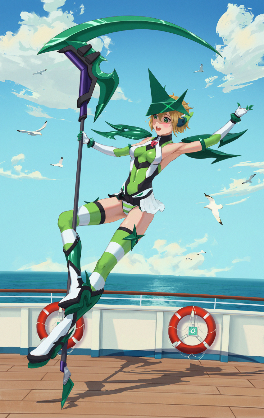1girl absurdres akatsuki_kirika bird blonde_hair blue_sky blush breasts cloud commission commissioner_upload covered_navel elbow_gloves gloves green_eyes high_heels highres holding holding_scythe holding_weapon horizontal-striped_thighhighs leotard lifebuoy microskirt non-web_source ocean open_mouth panties pole pole_dancing razv.art scythe seagull senki_zesshou_symphogear shadow ship ship_deck short_hair skirt skirt_flip sky small_breasts solo_focus striped_clothes striped_panties swim_ring symphogear_pendant teeth underwear upper_teeth_only watercraft weapon