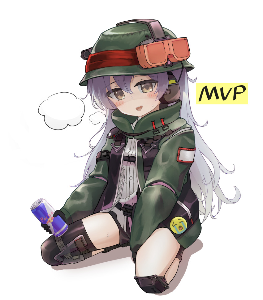 1girl absurdres blush commentary dhk117 english_commentary feet_out_of_frame g11_(girls&#039;_frontline) g11_(mod3)_(girls&#039;_frontline) girls&#039;_frontline goggles goggles_on_headwear green_jacket grey_eyes grey_hair hair_between_eyes hat headphones highres jacket long_hair looking_at_viewer mod3_(girls&#039;_frontline) mvp open_mouth simple_background sitting smile solo wariza white_background