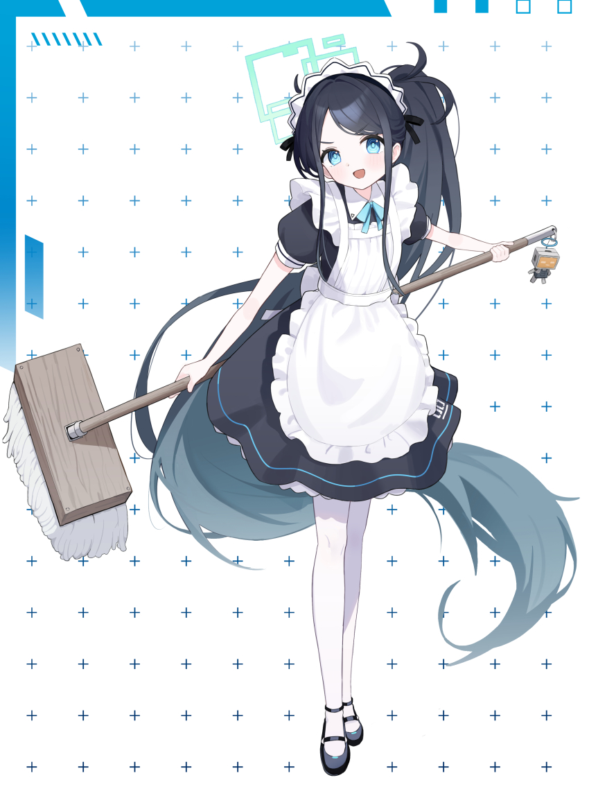 1girl absurdres ame_miya_ta apron aqua_eyes aqua_halo aris_(blue_archive) aris_(maid)_(blue_archive) black_dress black_hair black_shoes blue_archive blue_bow blue_bowtie bow bowtie commentary cross_background dress full_body gradient_hair halo highres holding holding_mop long_hair looking_at_viewer maid maid_apron maid_headdress mop multicolored_hair official_alternate_costume official_alternate_hairstyle open_mouth pantyhose ponytail robot shoes short_sleeves solo very_long_hair white_background white_pantyhose