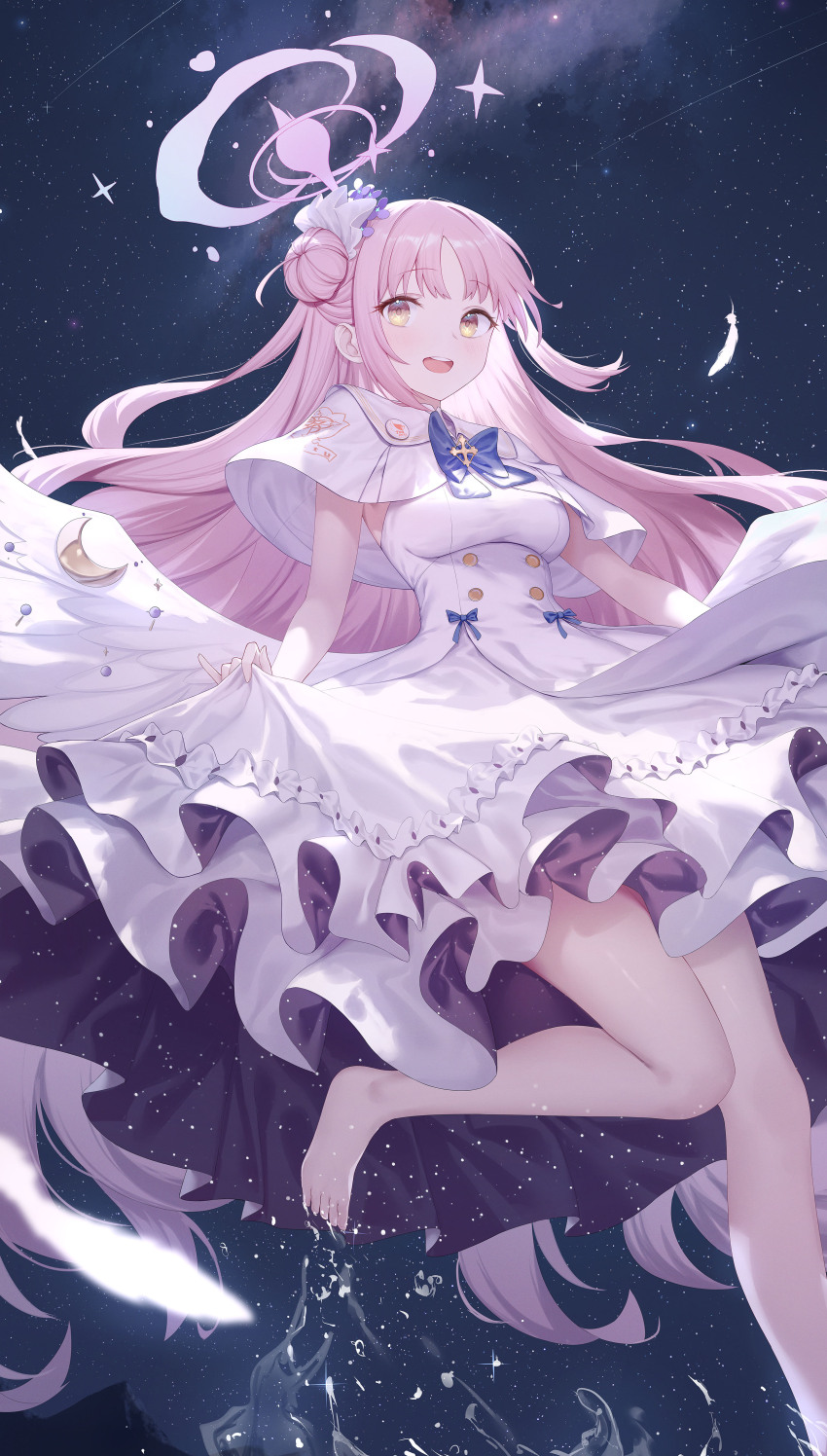 1girl absurdres barefoot blue_archive dress highres long_hair mika_(blue_archive) open_mouth pink_hair roi_(liu_tian) smile solo white_dress yellow_eyes