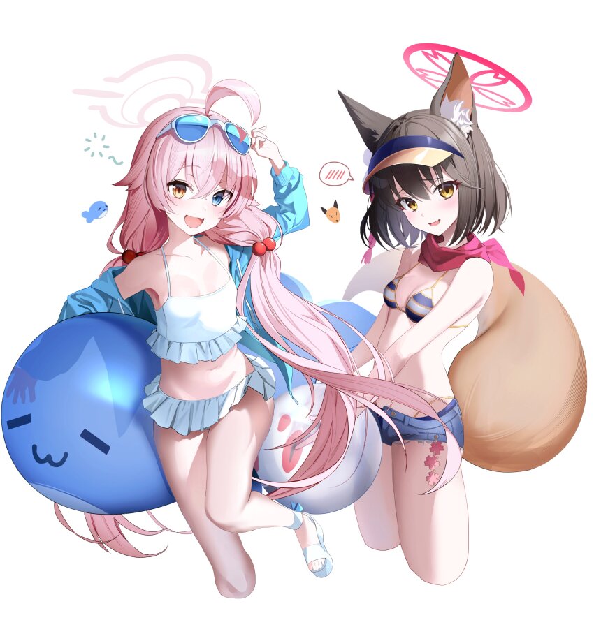 2girls :d absurdres ahoge animal_ears armpits ball bare_arms bare_shoulders beachball bikini bikini_skirt black_hair blue_archive blue_eyes blue_jacket blue_shorts breasts cropped_legs cutoffs denim denim_shorts eyeshadow fang fox_ears fox_girl fox_tail frilled_bikini frills hair_bobbles hair_ornament halo highres holding hoshino_(blue_archive) hoshino_(swimsuit)_(blue_archive) izuna_(blue_archive) izuna_(swimsuit)_(blue_archive) jacket large_tail long_hair looking_at_viewer low_twintails makeup micro_shorts multiple_girls nagul navel off_shoulder official_alternate_costume open_clothes open_fly open_jacket open_mouth pink_hair revision scarf short_hair shorts simple_background small_breasts smile spoken_blush stomach strap_gap string_bikini striped_bikini striped_clothes swimsuit tail thighs twintails very_long_hair visor_cap white_background white_bikini yellow_eyes