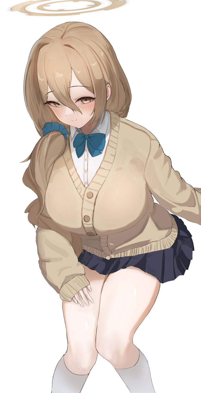 1girl absurdres akane_(blue_archive) akane_(school_uniform)_(blue_archive) black_skirt blonde_hair blue_archive blue_bow blue_scrunchie blush bow cardigan closed_mouth hair_between_eyes hair_ornament hair_over_shoulder hair_scrunchie highres long_hair looking_at_viewer official_alternate_costume official_alternate_hairstyle scrunchie sexyhen shirt sidelocks skirt smile solo white_shirt yellow_cardigan yellow_eyes