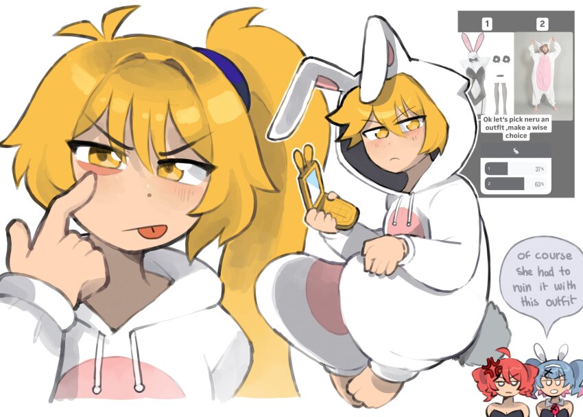 akita_neru animal_costume aqua_hair bare_shoulders barefoot blonde_hair cosplay drawstring drill_hair english_text hatsune_miku highres holding holding_phone kasane_teto kigurumi looking_at_viewer mitsuko_tan necktie onesie phone rabbit_costume rabbit_hole_(vocaloid) red_hair red_necktie reference_inset side_ponytail speech_bubble tongue tongue_out triple_baka_(vocaloid) twin_drills twintails utau vocaloid white_background yellow_eyes