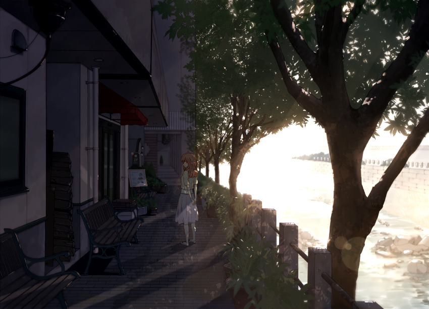 1girl anyotete arms_behind_back bench breasts brown_hair building canopy_(shelter) cityscape commentary commentary_request dappled_sunlight day english_commentary highres koe_no_katachi lens_flare long_hair looking_at_viewer looking_back nature nishimiya_shouko outdoors pink_skirt plant railing river scenery shadow shirt short_sleeves sign skirt small_breasts solo stairs standing sunlight tree wide_shot window yellow_shirt