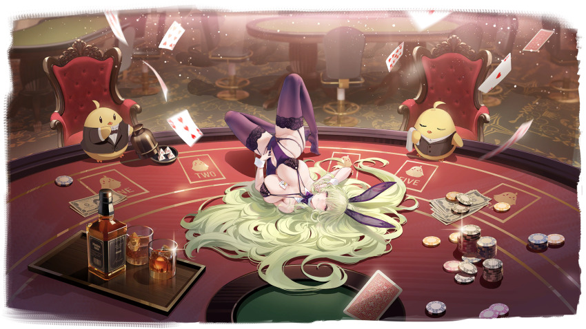 1girl absurdres animal_ears azur_lane between_breasts bow bowtie breasts card chair fake_animal_ears garter_straps green_hair hair_spread_out half-closed_eyes highres indoors lace lace-trimmed_panties lace_trim large_breasts leg_up leotard long_hair looking_at_viewer lying manjuu_(azur_lane) money napoli_(azur_lane) napoli_(dreamy_night)_(azur_lane) navel non-web_source official_alternate_costume official_art panties parted_lips playboy_bunny playing_card poker_chip poker_table purple_bow purple_bowtie purple_panties purple_thighhighs rabbit_ears red_eyes skindentation solo table thighhighs top-down_bottom-up underwear very_long_hair wrist_cuffs
