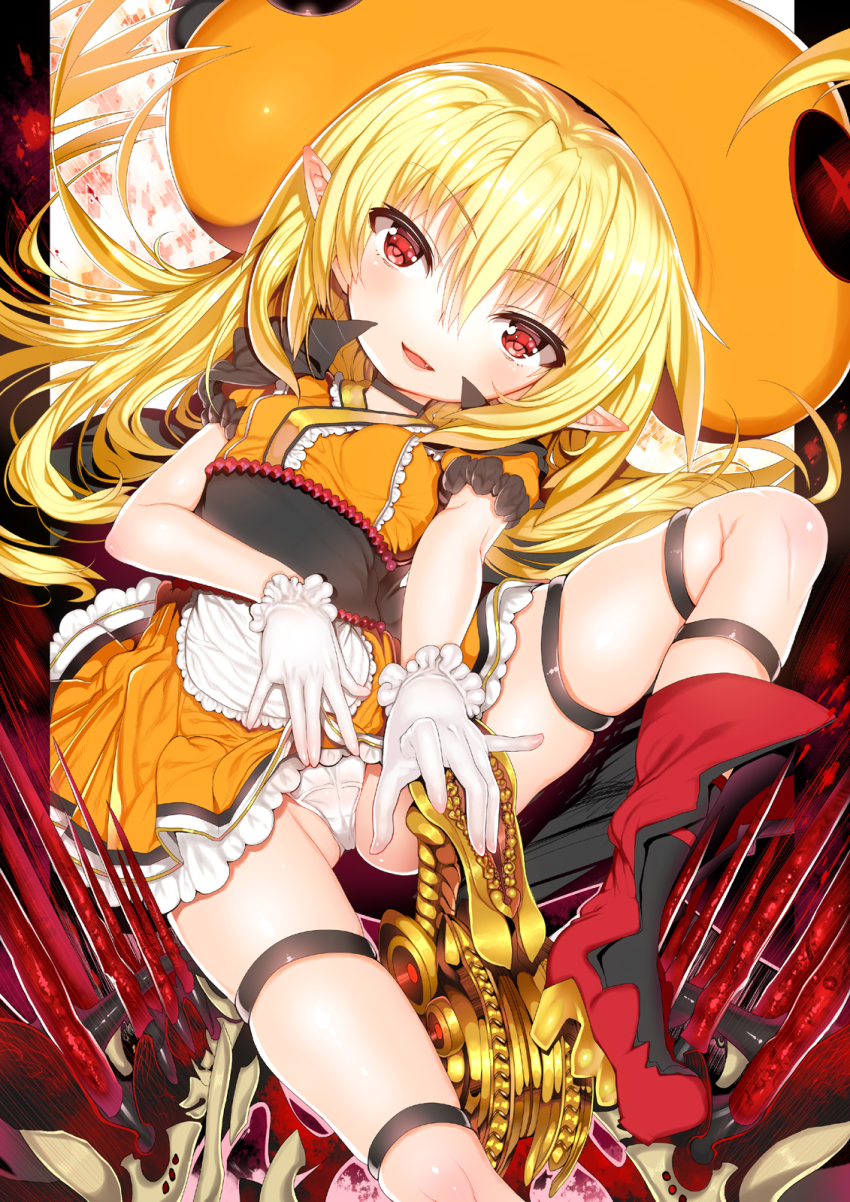 1girl apron black_boots blonde_hair blush boots breasts char fang female_focus gloves hair_between_eyes hat highres long_hair looking_at_viewer md5_mismatch open_mouth orange_hat original panties pointy_ears red_eyes skindentation skirt small_breasts smile solo spread_legs thigh_strap thighs underwear white_gloves white_panties